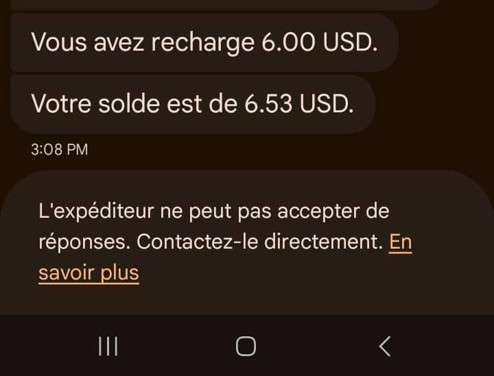 Mobile message confirming a 6 US dollar top-up and updated balance
